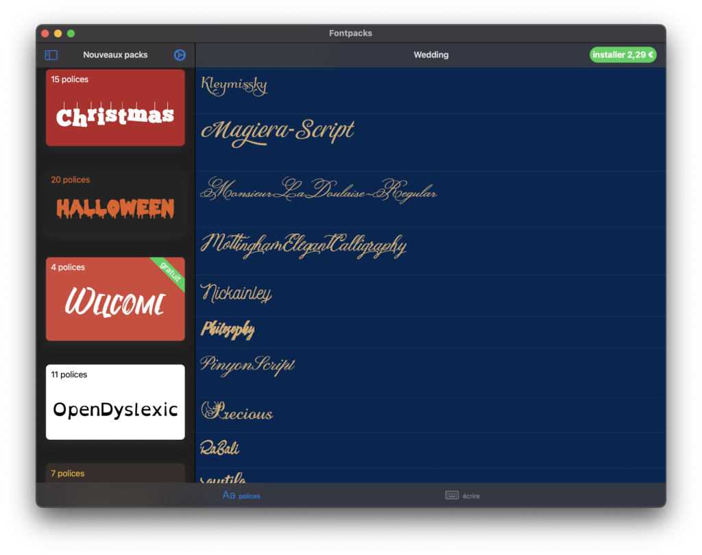 polices Mac avec Fontpacks